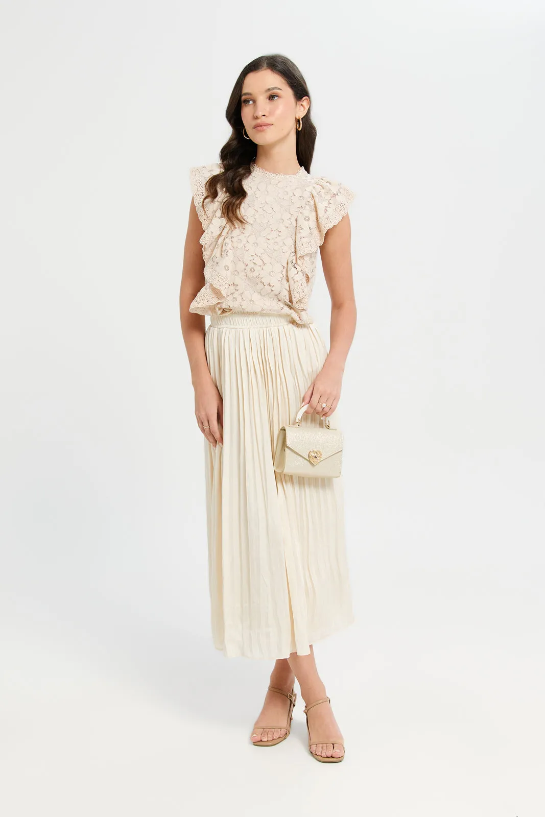 Women Cream Flounce Detailed Lace Top