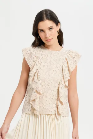 Women Cream Flounce Detailed Lace Top