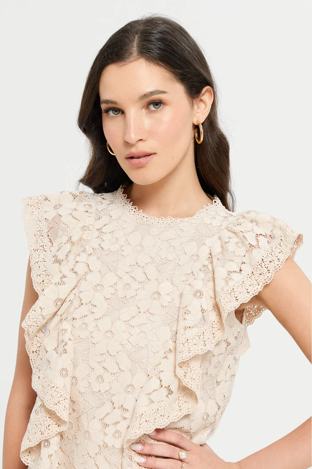 Women Cream Flounce Detailed Lace Top
