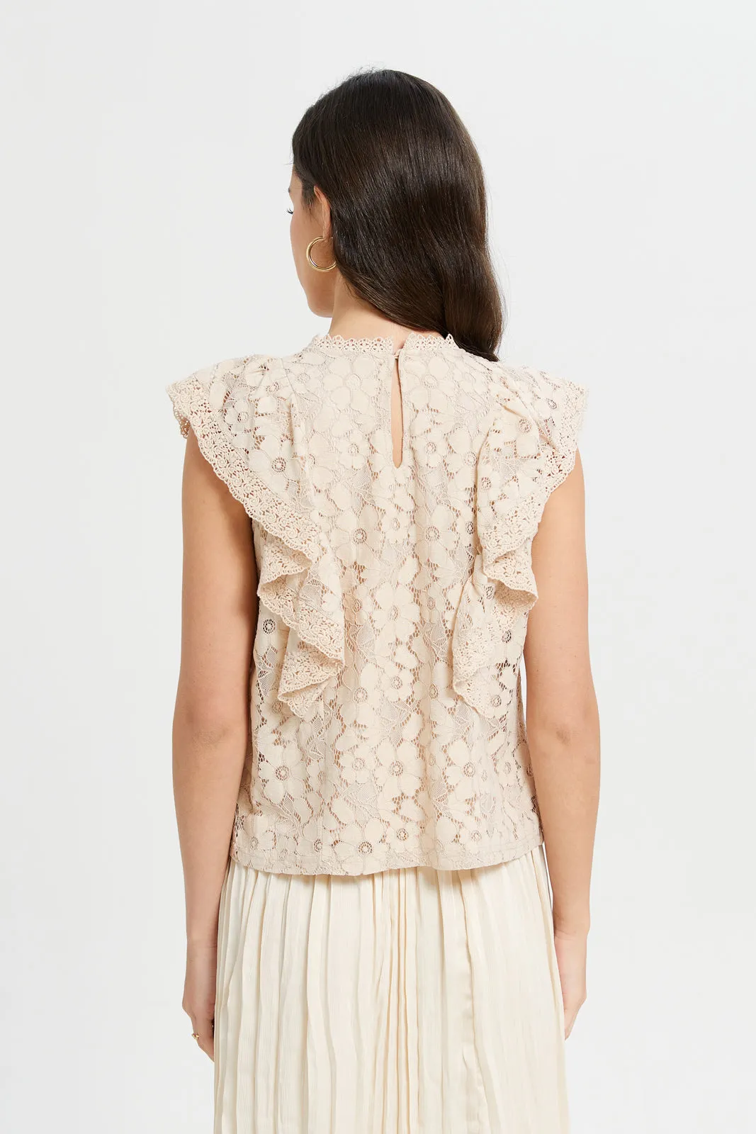 Women Cream Flounce Detailed Lace Top