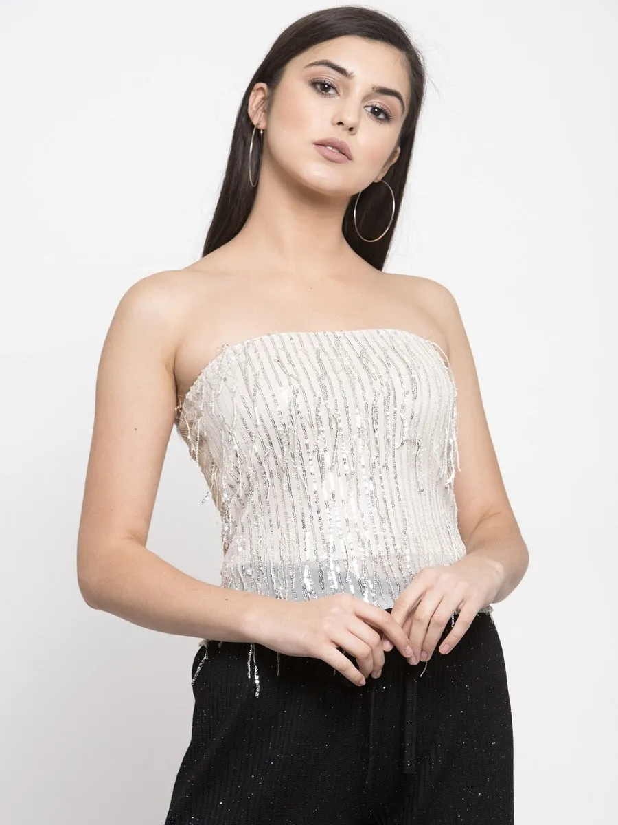 Women Embellished Gold Strapless T-Shirt