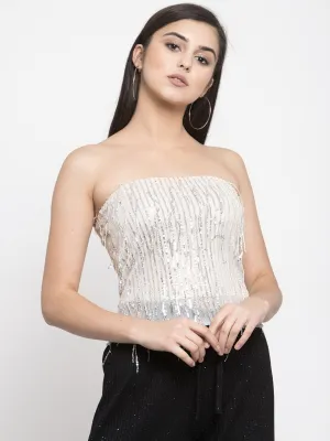 Women Embellished Gold Strapless T-Shirt